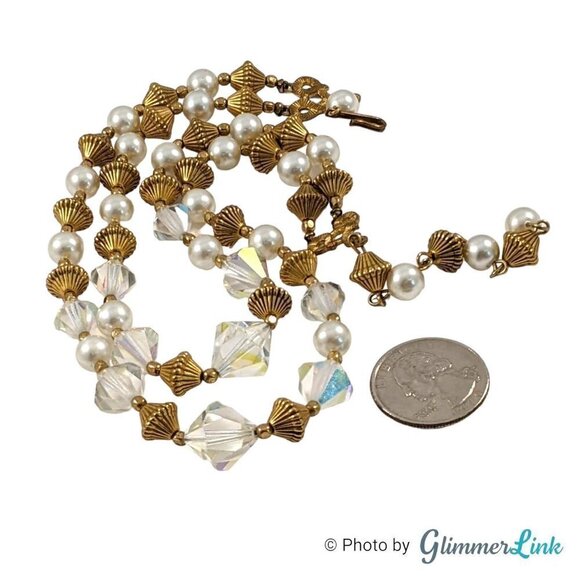 VTG Double Strand AB Aurora Borealis Bicone Bead Faux Pearl Gold Tone Necklace - Picture 8 of 10